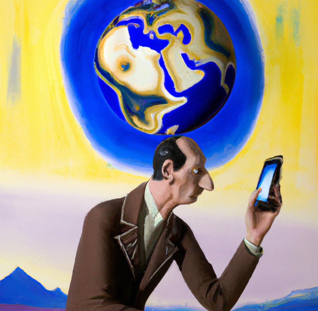 A Dali painting of a man on their smartphone with the European globe behind