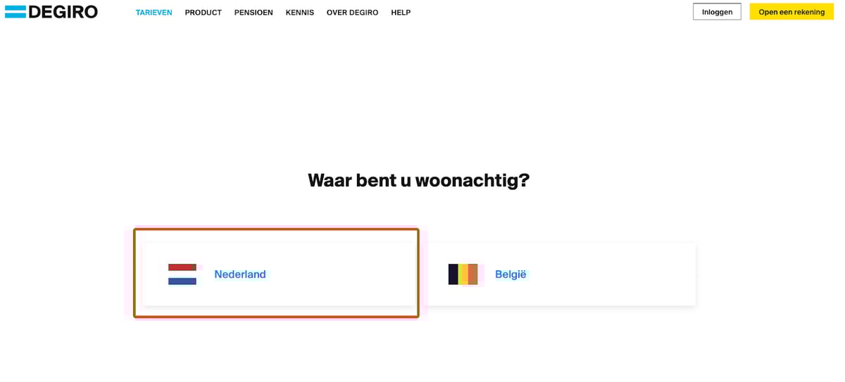 Selecting "Netherlands" as country of residency on DEGIRO