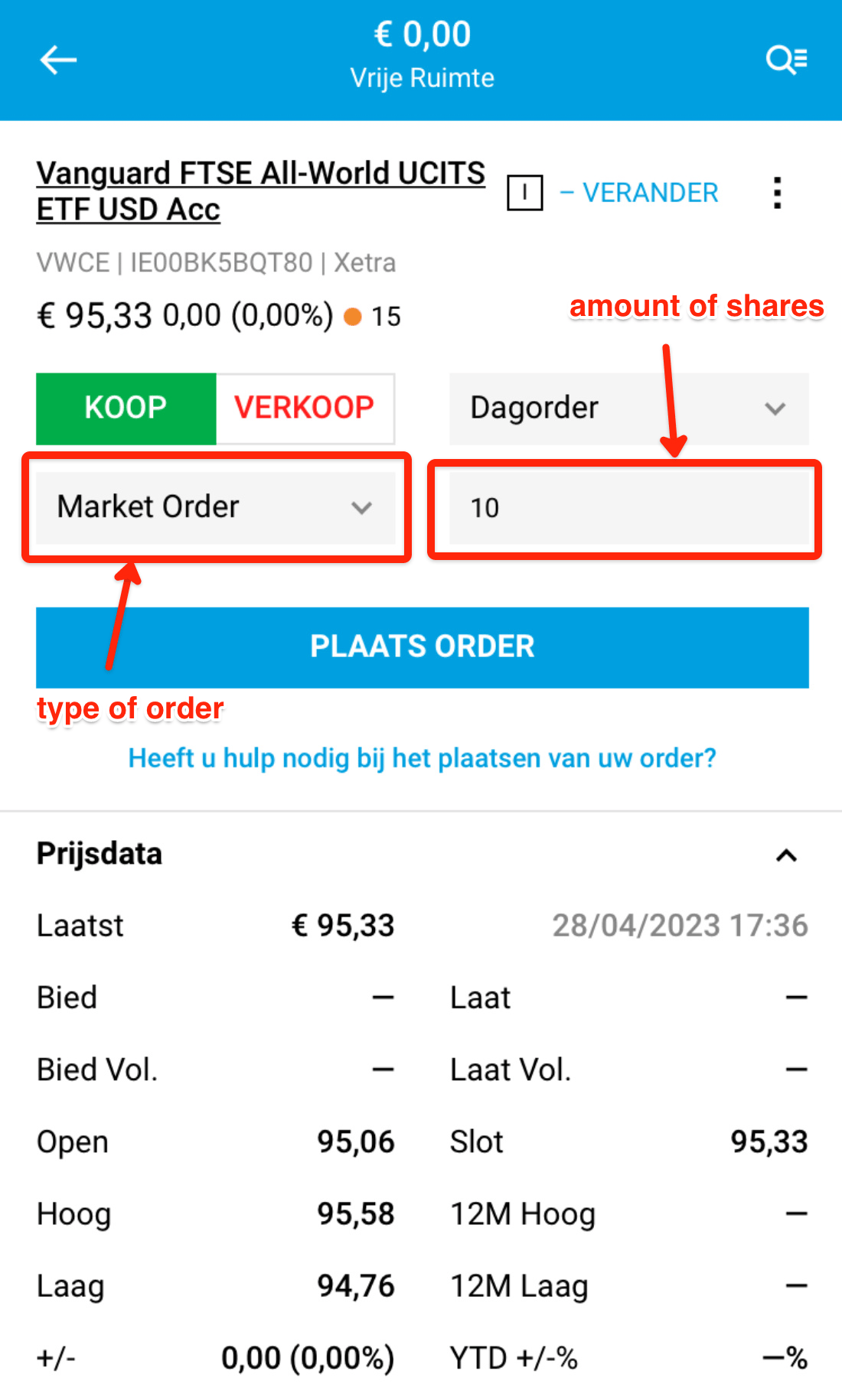 Selecting the type of order on DEGIRO