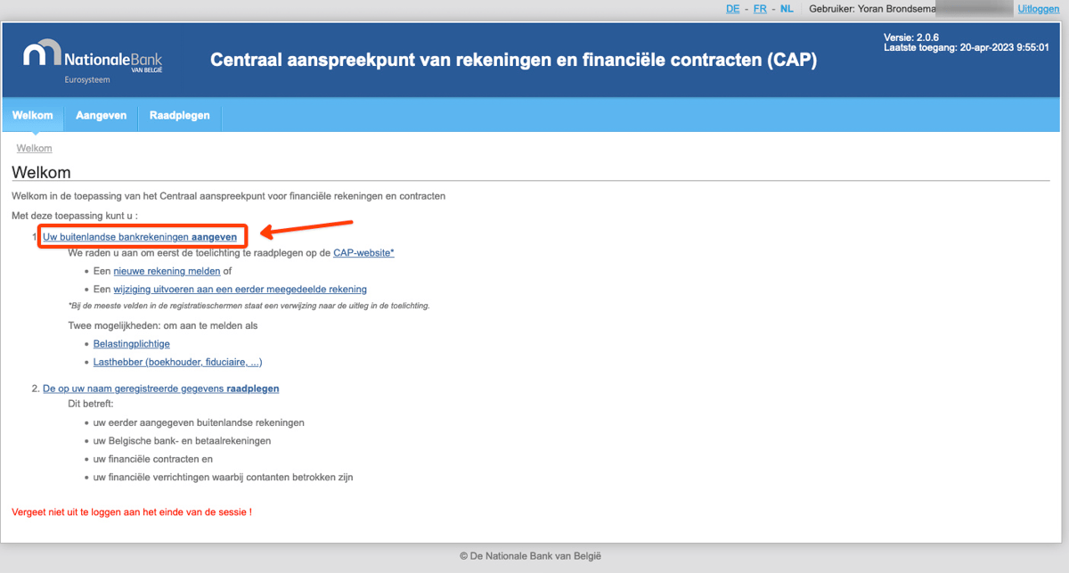 Page on the CAP website after logging in