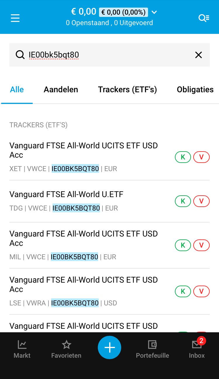 Searching for the ISIN code of VWCE on DEGIRO