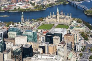 An arial view of the area surrounding the Parliament Buildings.