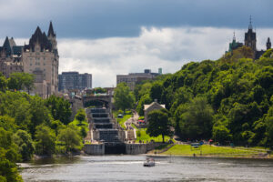 An image of the view of Rideau Canal Locks from the Ottawa River. 